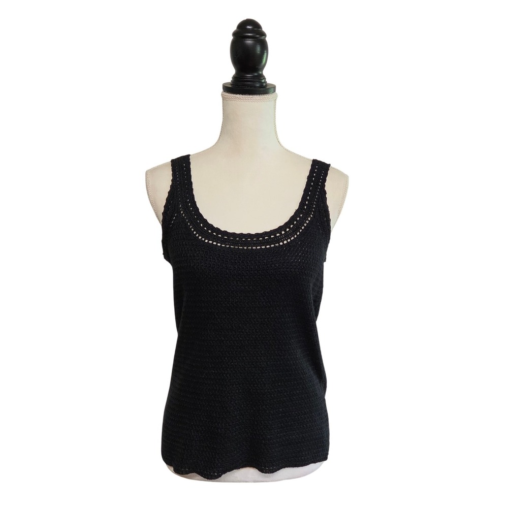 Lauren Ralph Lauren Black 100% Linen Crochet Scoop Neck Knit Tank Top Size M